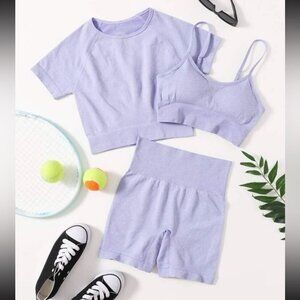 NWOT SHEIN Lavender Purple Activewear Top Biker Short Set Women’s Size Small